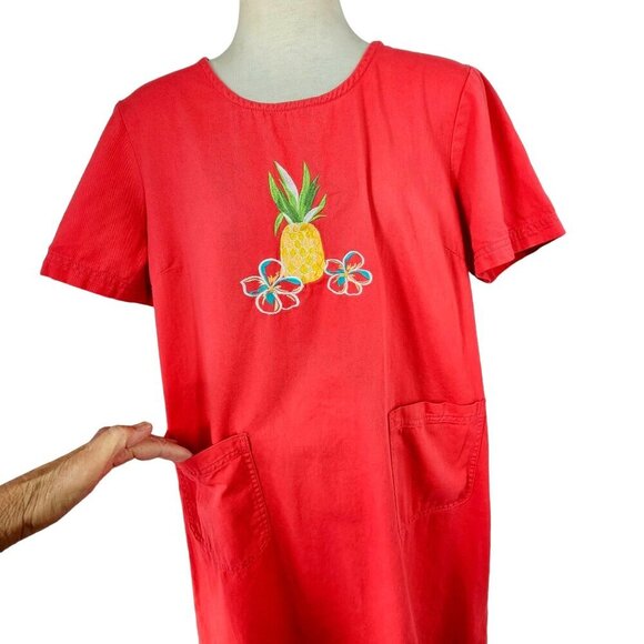 70s Blair Red Cotton Smock Dress Pineapple Embroider Hand Pockets Short Sleeve M - Picture 3 of 7